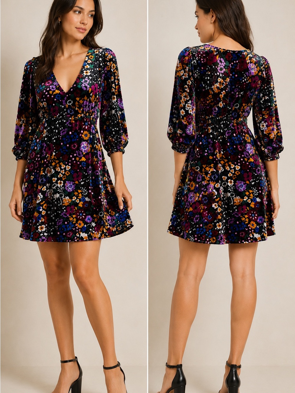 Anthropologie Francie Floral Puff Sleeve Multicolor Velvet Mini Dress size 10